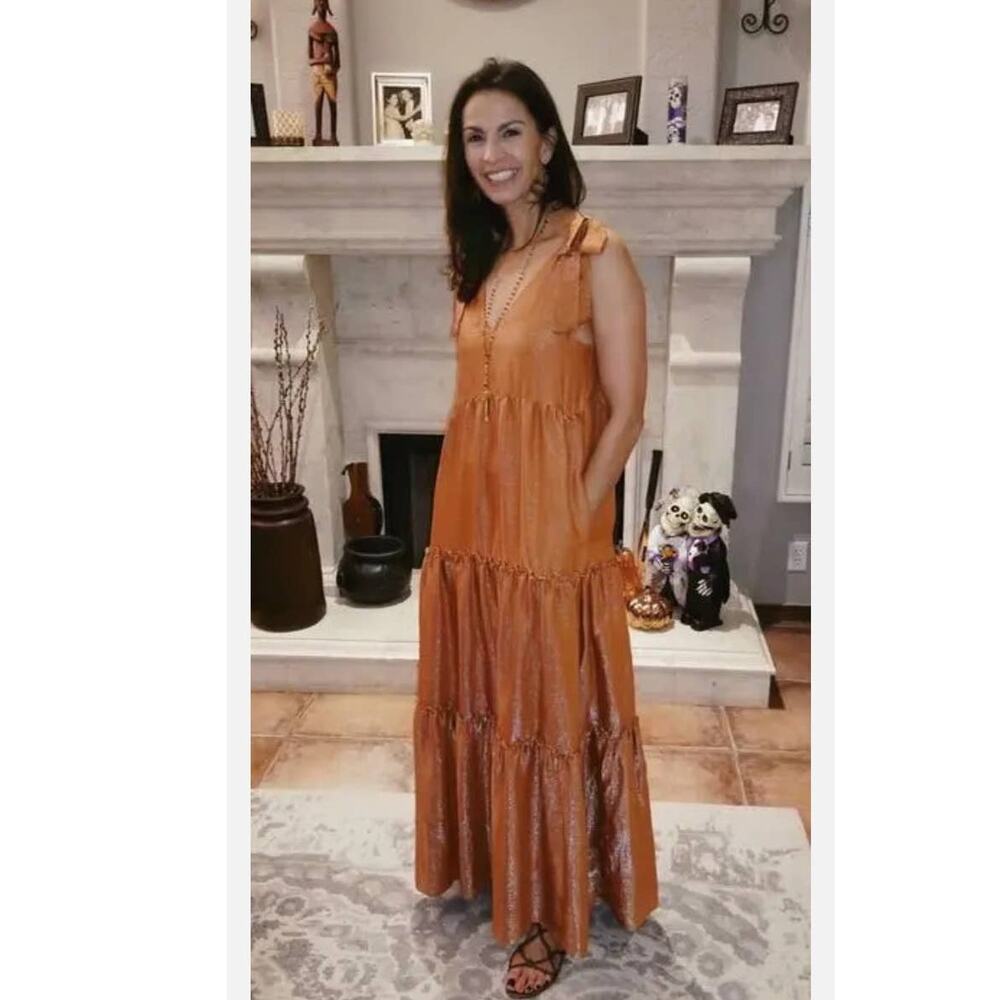 New Anthropologie Maeve Soraya Shimmer Tiered Maxi Dress $158 SMALL Orange